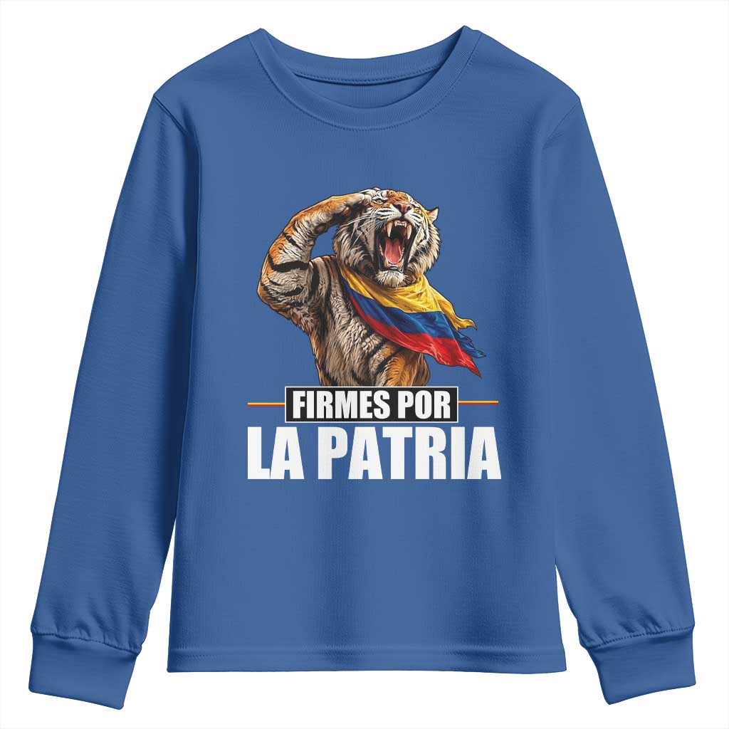 Firmes Por La Patria Colombian Pride Youth Sweatshirt Roaring Saluting Tiger Patriotic Colombia Heritage Flag