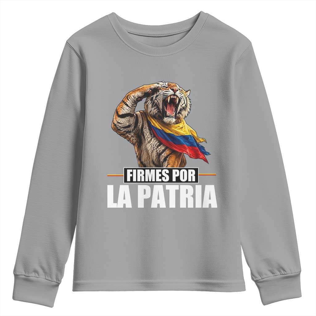 Firmes Por La Patria Colombian Pride Youth Sweatshirt Roaring Saluting Tiger Patriotic Colombia Heritage Flag