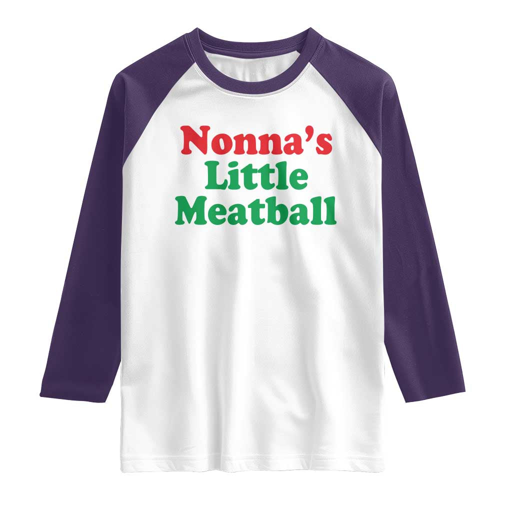 Nonna's Little Meatball Raglan Shirt Funny Italian Family Baby Humor TS02 White Purple Print Your Wear