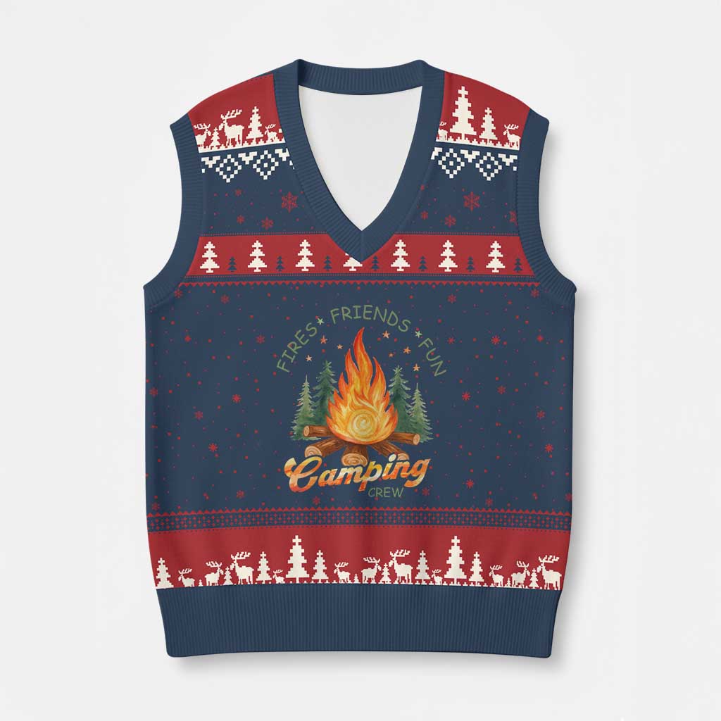 Fires Friends Fun Camping Crew V-Neck Knit Sweater Vest Cozy Campfire Adventure Outdoor Lovers TS02 Navy Red Print Your Wear