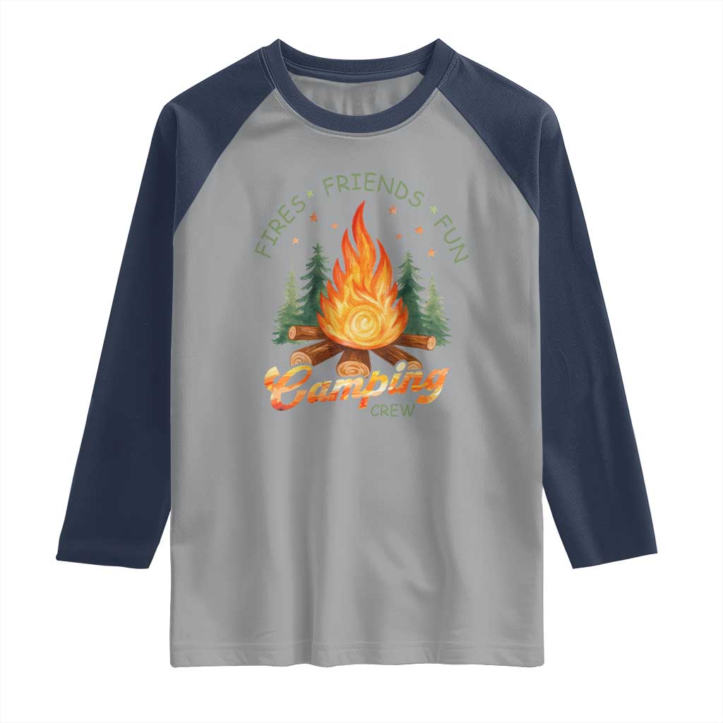 Fires Friends Fun Camping Crew Raglan Shirt Cozy Campfire Adventure Outdoor Lovers TS02 Sport Gray Navy Print Your Wear