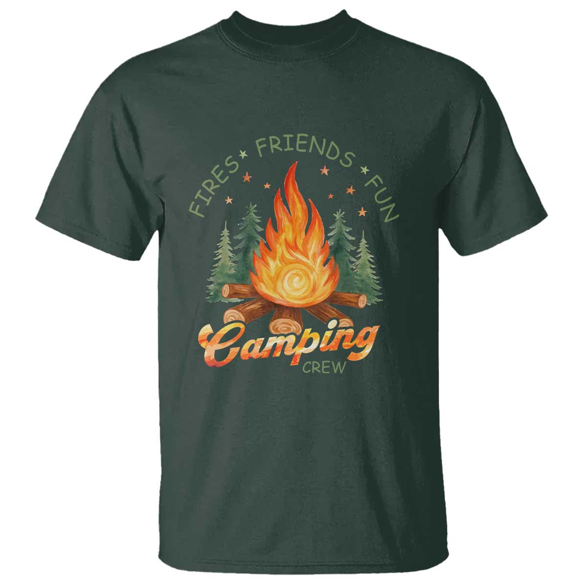 Fires Friends Fun Camping Crew T Shirt Cozy Campfire Adventure Outdoor Lovers TS02 Dark Forest Green Print Your Wear