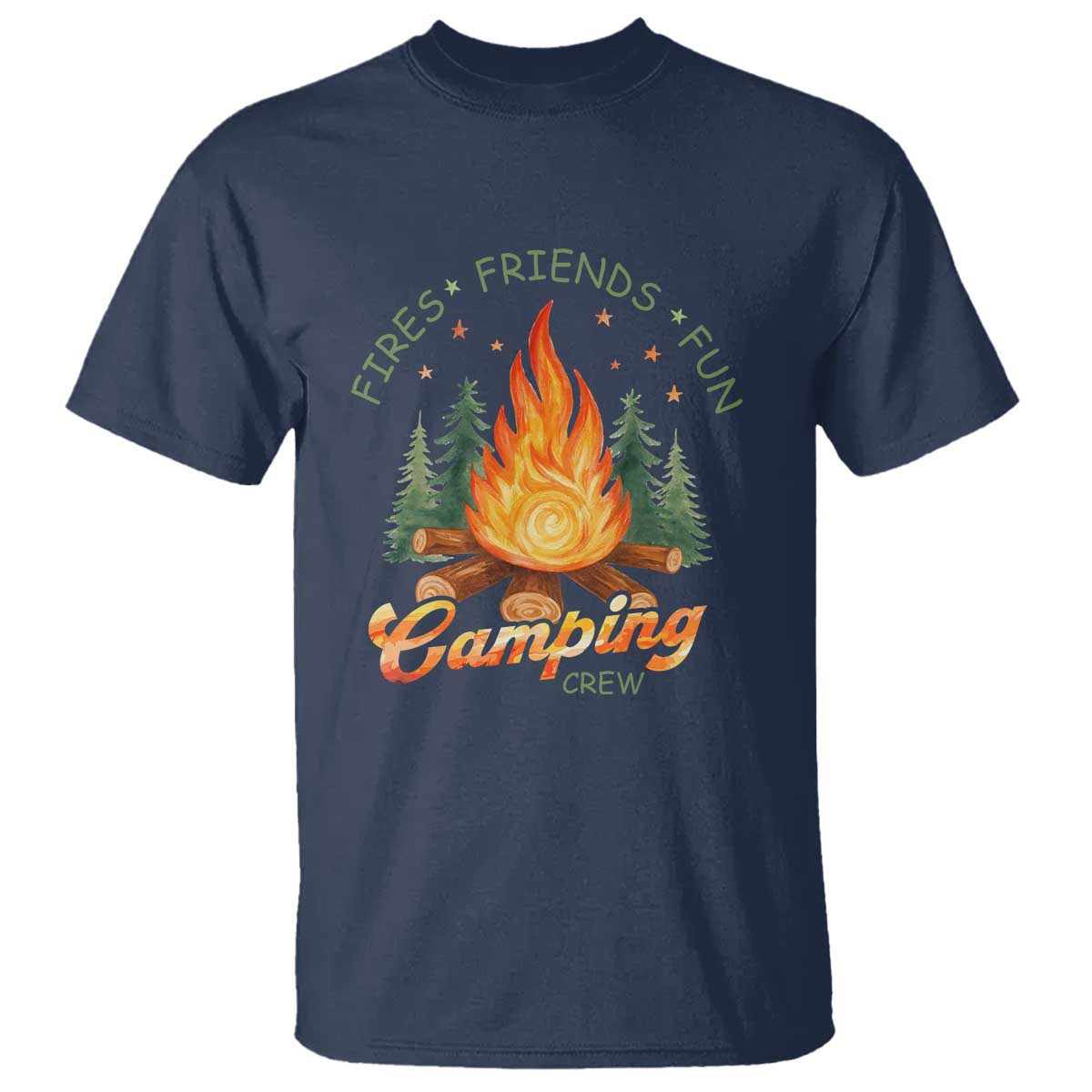 Fires Friends Fun Camping Crew T Shirt Cozy Campfire Adventure Outdoor Lovers TS02 Navy Print Your Wear
