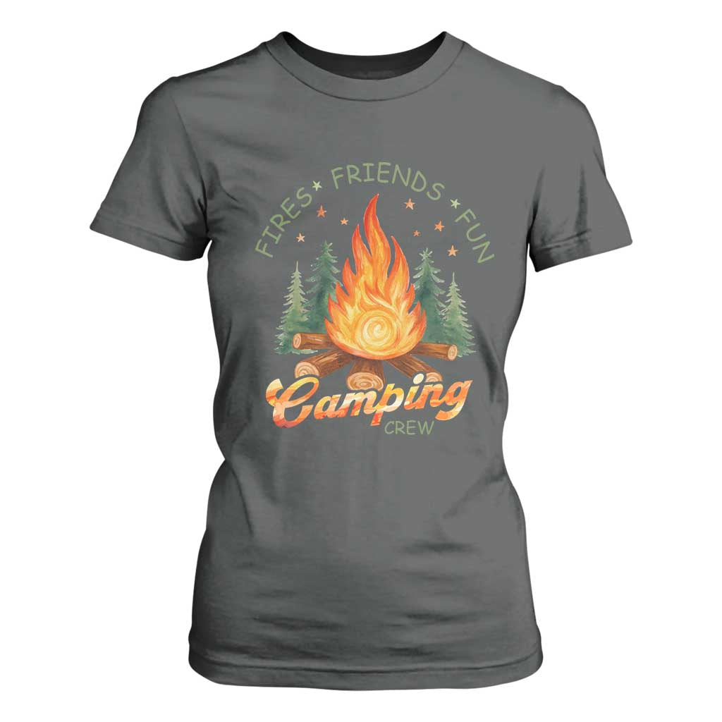 Fires Friends Fun Camping Crew T Shirt For Women Cozy Campfire Adventure Outdoor Lovers TS02 Dark Heather Print Your Wear