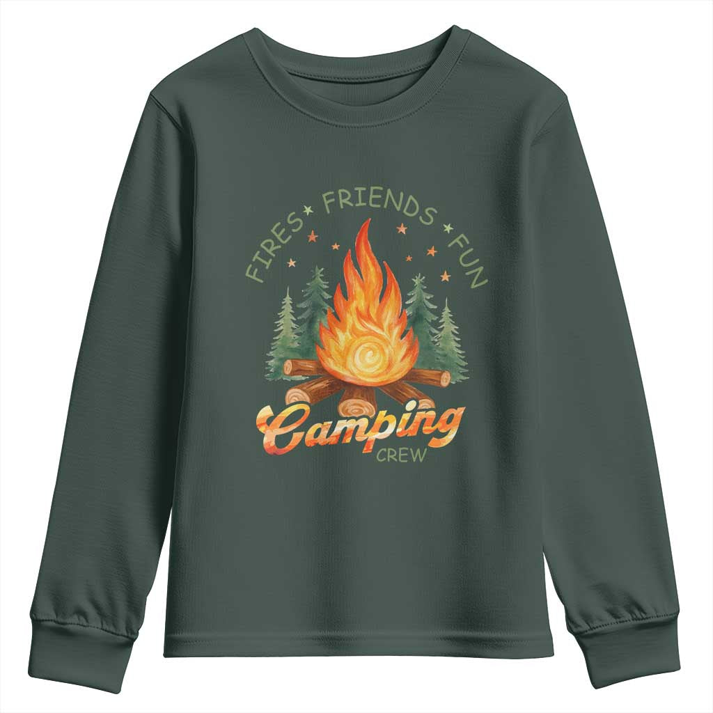 Fires Friends Fun Camping Crew Youth Sweatshirt Cozy Campfire Adventure Outdoor Lovers TS02 Dark Forest Green Print Your Wear
