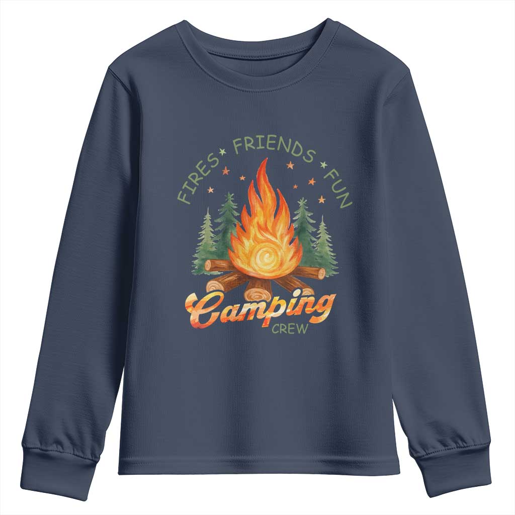 Fires Friends Fun Camping Crew Youth Sweatshirt Cozy Campfire Adventure Outdoor Lovers TS02 Navy Print Your Wear