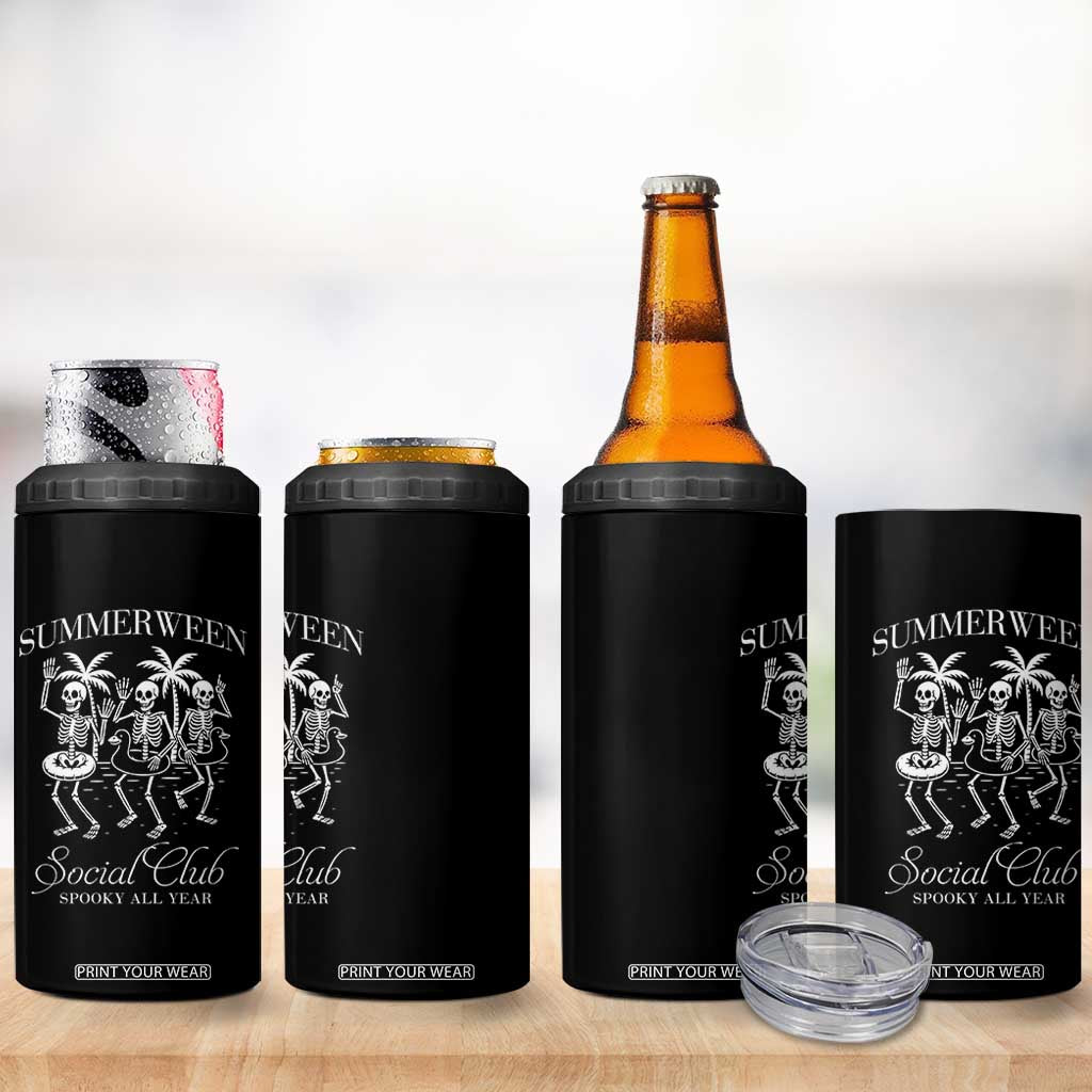 Summerween Social Club 4 in 1 Can Cooler Tumbler Spooky All Year Skeleton Summer Halloween Beach Party TS02 Print Your Wear