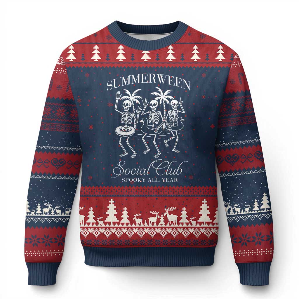 Summerween Social Club Ugly Christmas Sweater Spooky All Year Skeleton Summer Halloween Beach Party - Print Your Wear