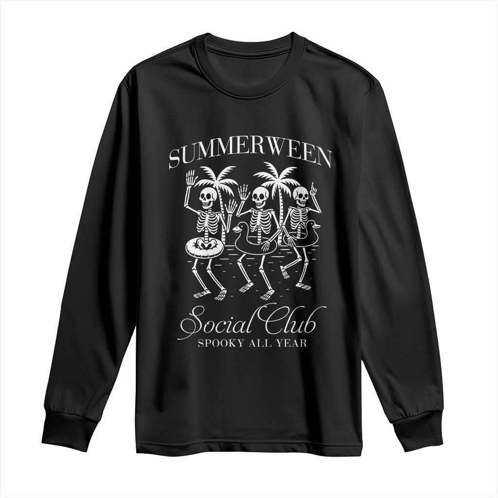Summerween Social Club Long Sleeve Shirt Spooky All Year Skeleton Summer Halloween Beach Party - Print Your Wear