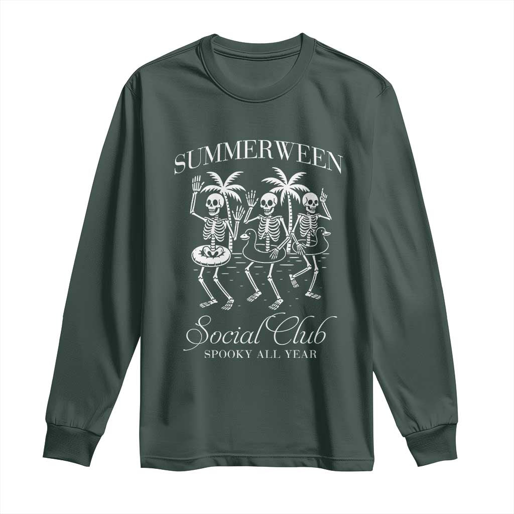 Summerween Social Club Long Sleeve Shirt Spooky All Year Skeleton Summer Halloween Beach Party TS02 Dark Forest Green Print Your Wear