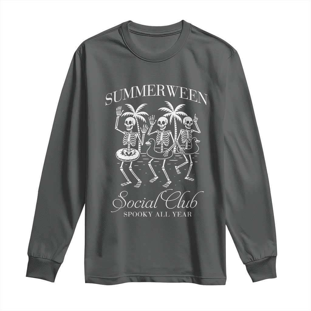 Summerween Social Club Long Sleeve Shirt Spooky All Year Skeleton Summer Halloween Beach Party TS02 Dark Heather Print Your Wear