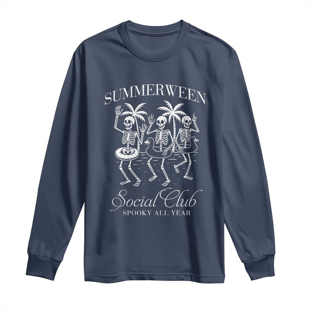 Summerween Social Club Long Sleeve Shirt Spooky All Year Skeleton Summer Halloween Beach Party TS02 Navy Print Your Wear