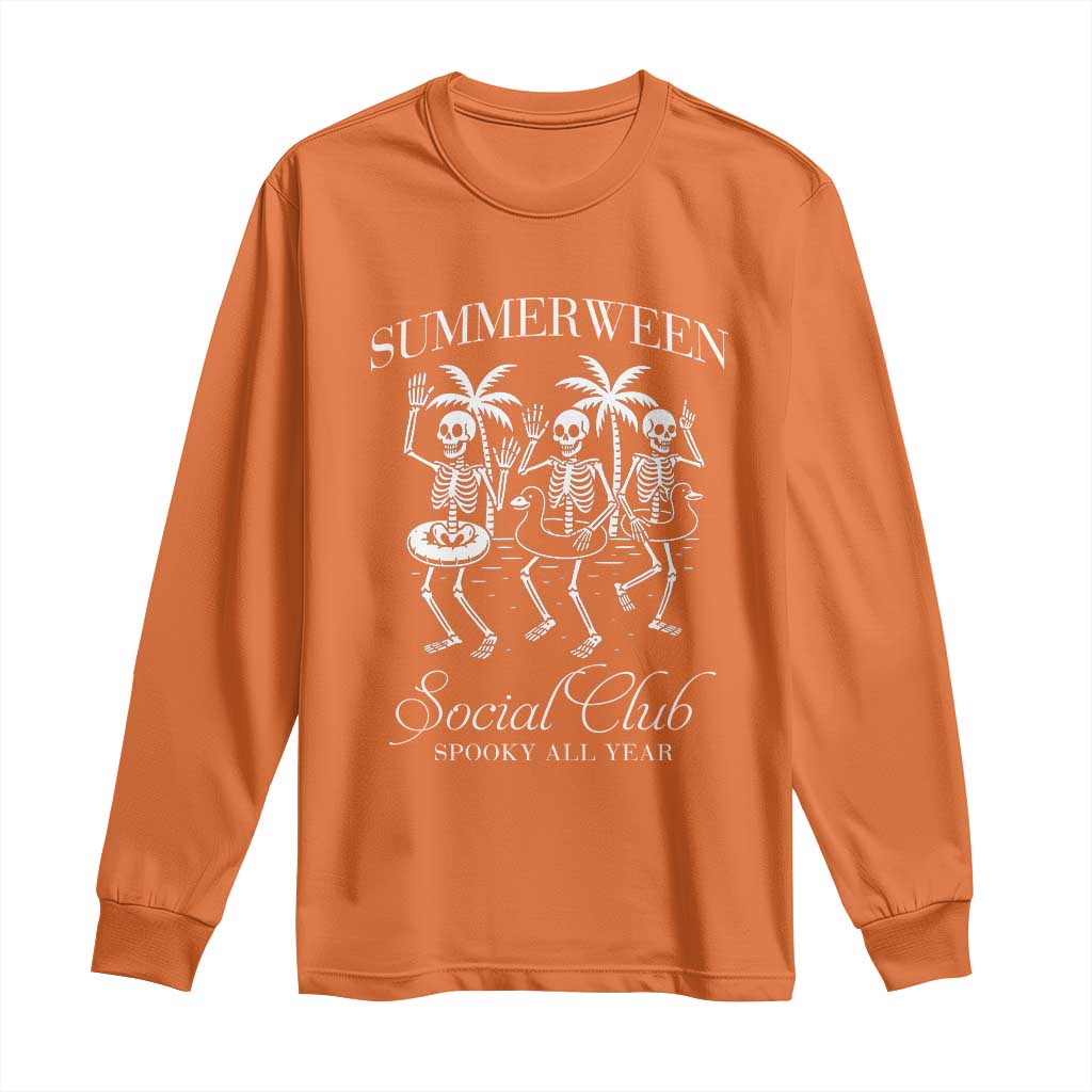Summerween Social Club Long Sleeve Shirt Spooky All Year Skeleton Summer Halloween Beach Party TS02 Orange Print Your Wear