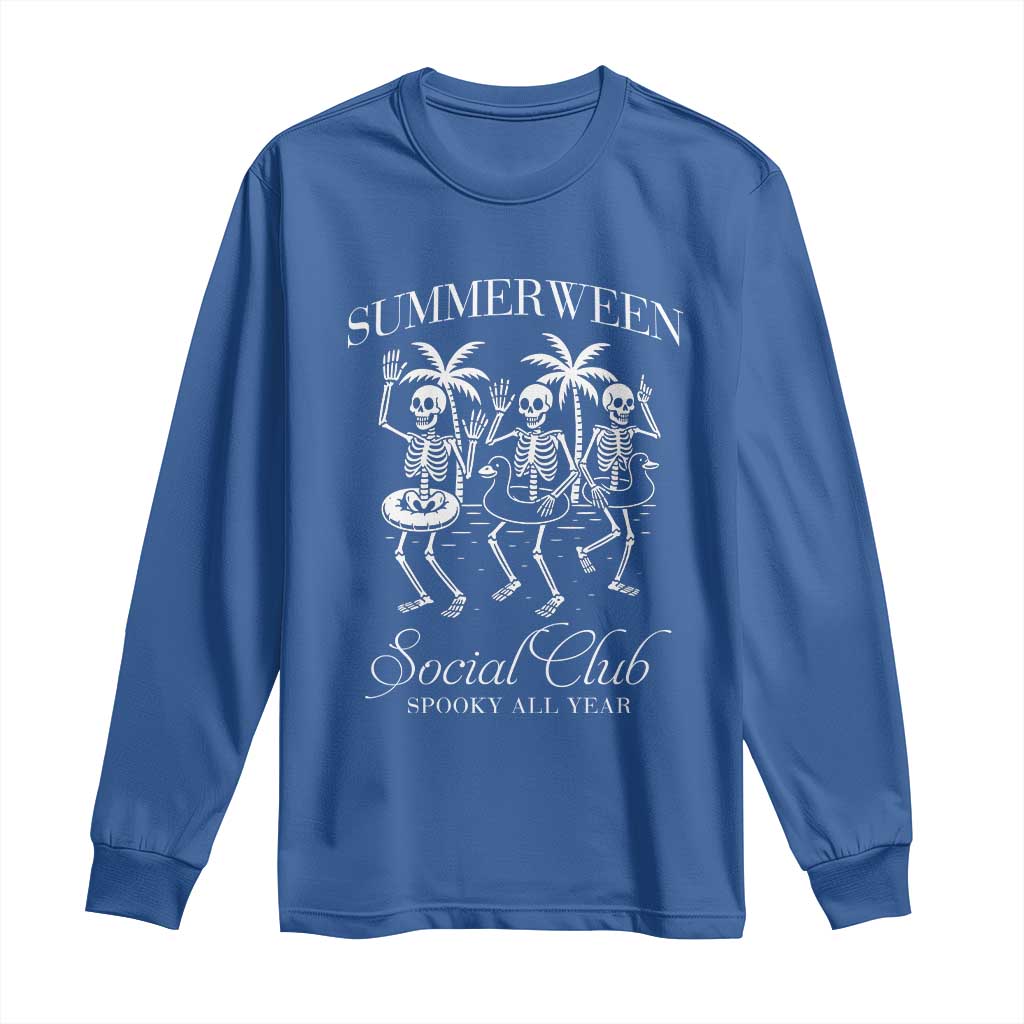 Summerween Social Club Long Sleeve Shirt Spooky All Year Skeleton Summer Halloween Beach Party TS02 Royal Blue Print Your Wear