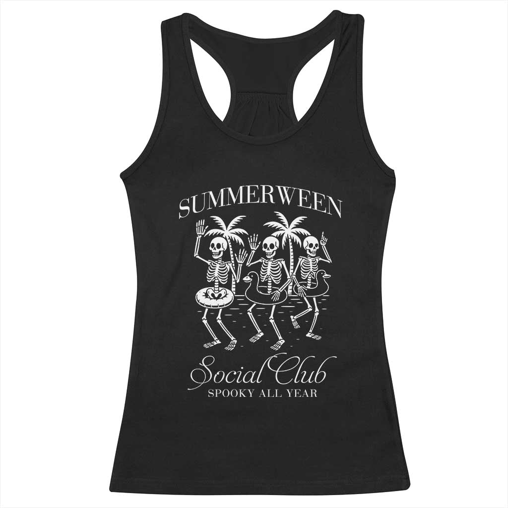 Summerween Social Club Racerback Tank Top Spooky All Year Skeleton Summer Halloween Beach Party - Print Your Wear