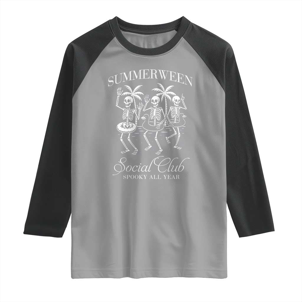Summerween Social Club Raglan Shirt Spooky All Year Skeleton Summer Halloween Beach Party TS02 Sport Gray Black Print Your Wear