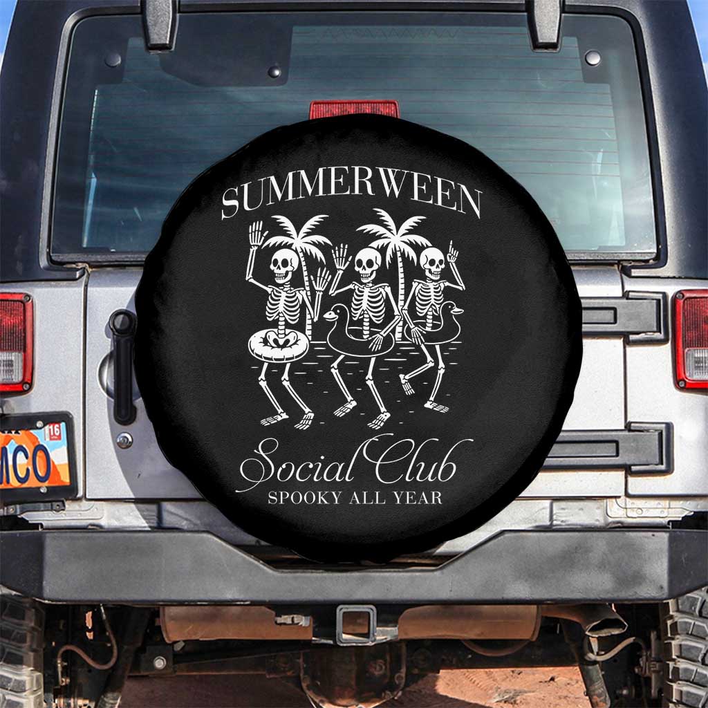 Summerween Social Club Spare Tire Cover Spooky All Year Skeleton Summer Halloween Beach Party TS02 No hole Black Print Your Wear