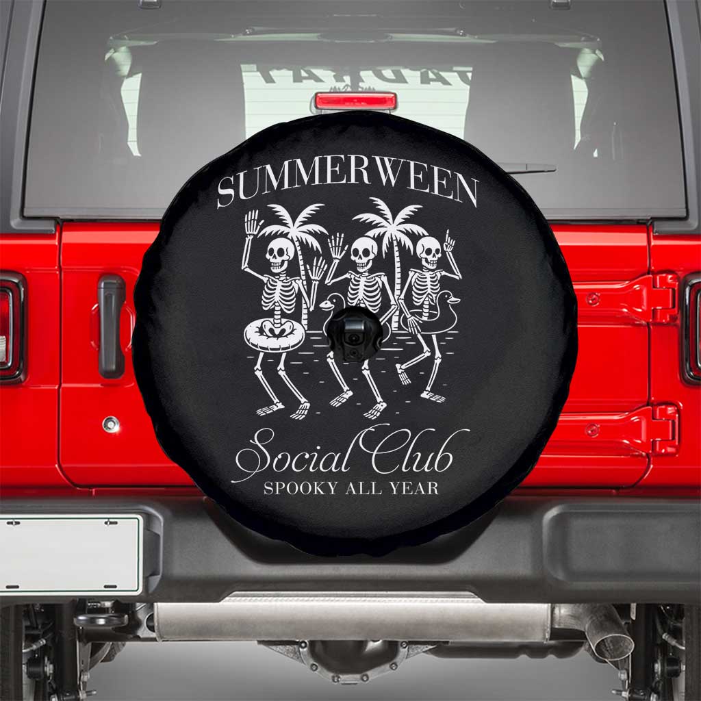 Summerween Social Club Spare Tire Cover Spooky All Year Skeleton Summer Halloween Beach Party TS02 Black Print Your Wear