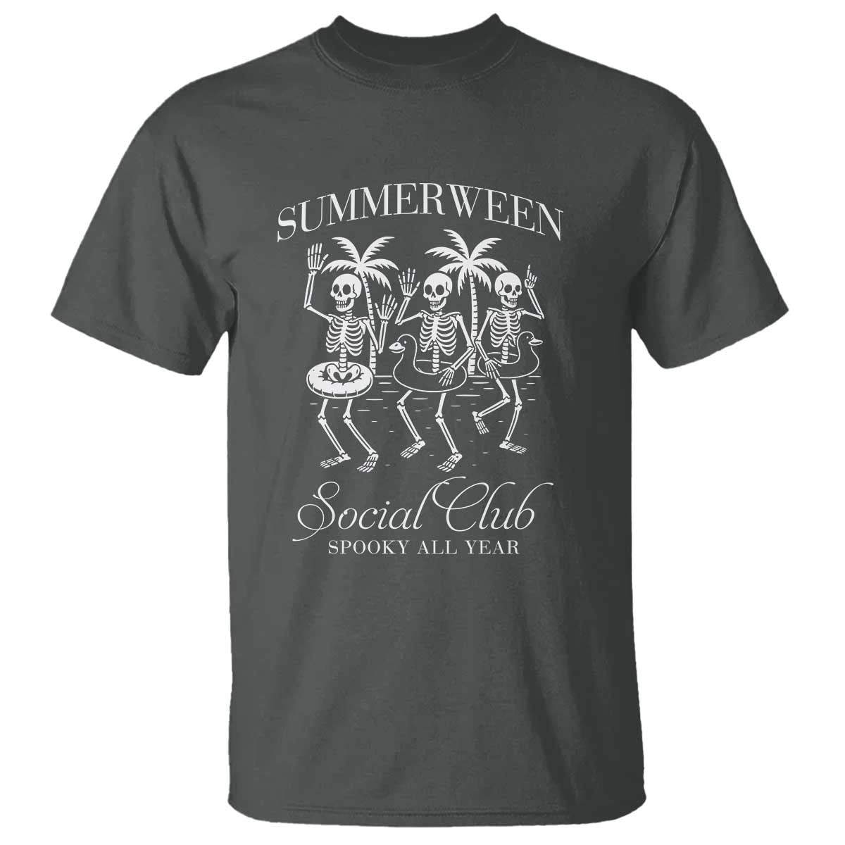 Summerween Social Club T Shirt Spooky All Year Skeleton Summer Halloween Beach Party TS02 Dark Heather Print Your Wear