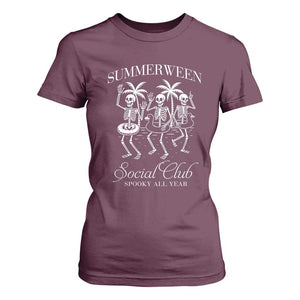 Summerween Social Club T Shirt For Women Spooky All Year Skeleton Summer Halloween Beach Party TS02 Maroon Print Your Wear