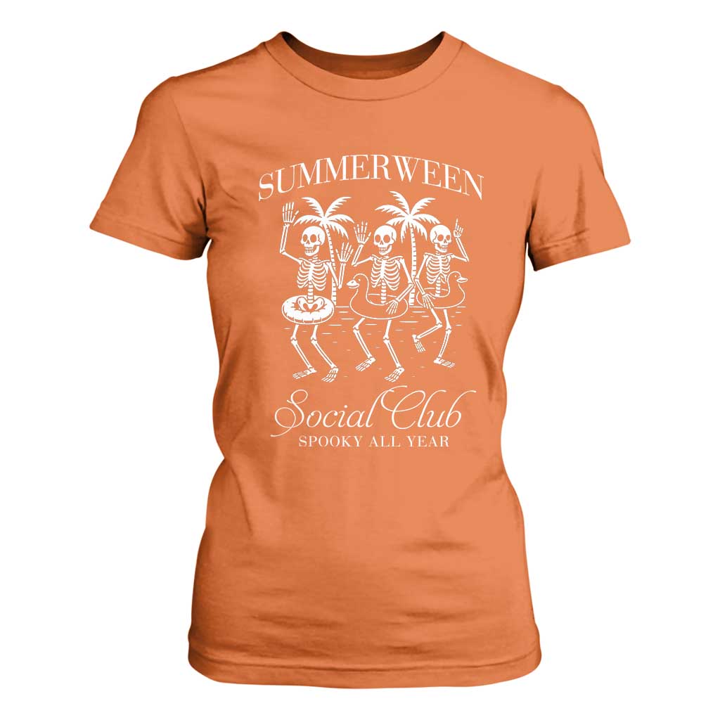 Summerween Social Club T Shirt For Women Spooky All Year Skeleton Summer Halloween Beach Party TS02 Orange Print Your Wear