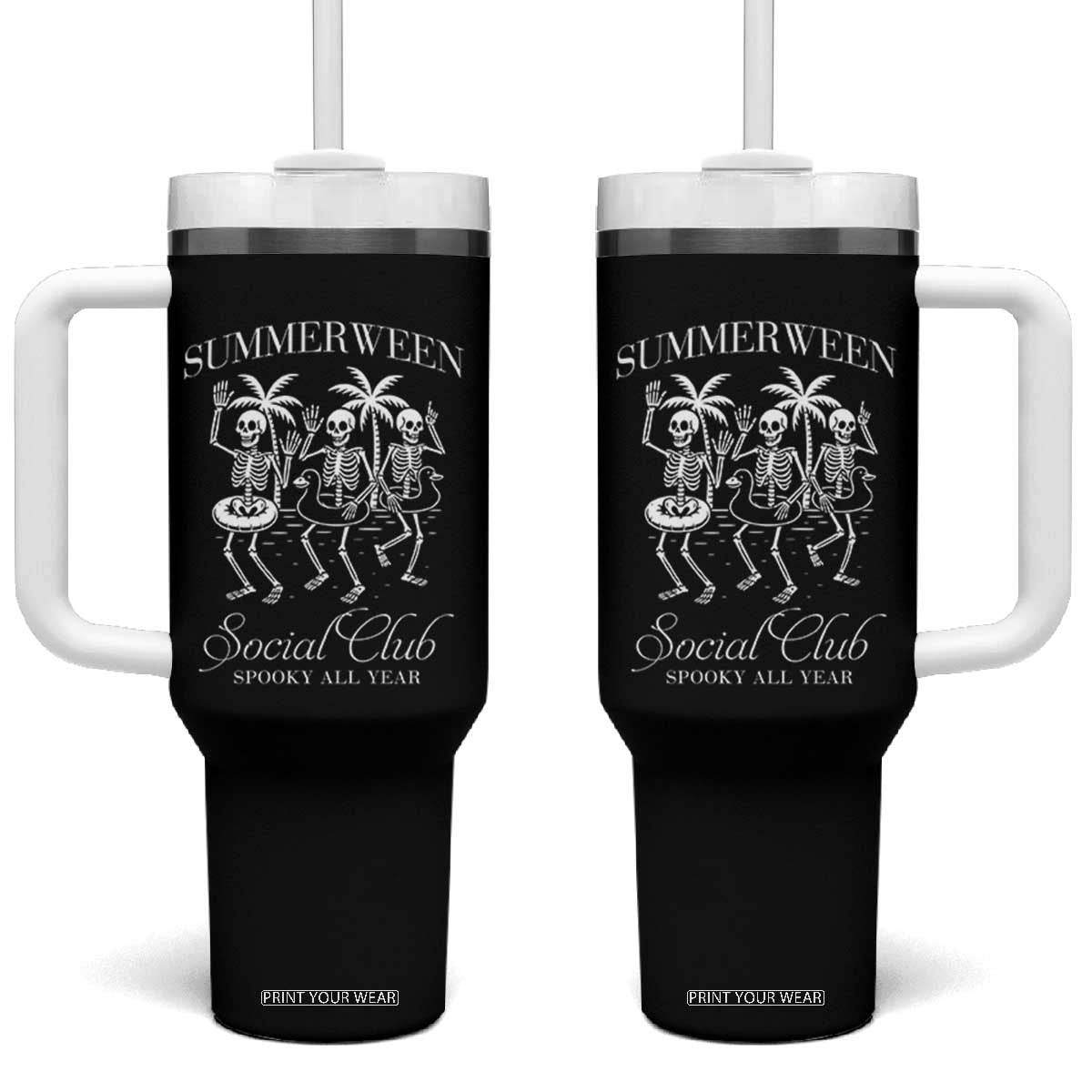 Summerween Social Club Tumbler With Handle Spooky All Year Skeleton Summer Halloween Beach Party TS02 One Size: 40 oz Black Print Your Wear