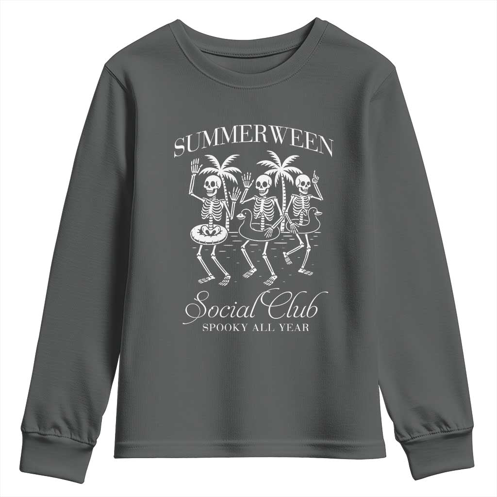 Summerween Social Club Youth Sweatshirt Spooky All Year Skeleton Summer Halloween Beach Party TS02 Dark Heather Print Your Wear