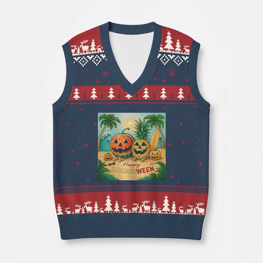 Retro Tropical Summerween V-Neck Knit Sweater Vest Halloween Summer Beach Cocktail Boo TS02 Navy Red Print Your Wear