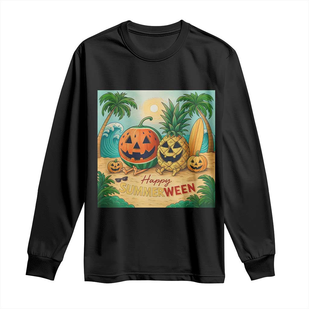 Retro Tropical Summerween Long Sleeve Shirt Halloween Summer Beach Cocktail Boo TS02 Black Print Your Wear