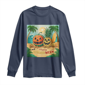Retro Tropical Summerween Long Sleeve Shirt Halloween Summer Beach Cocktail Boo TS02 Navy Print Your Wear