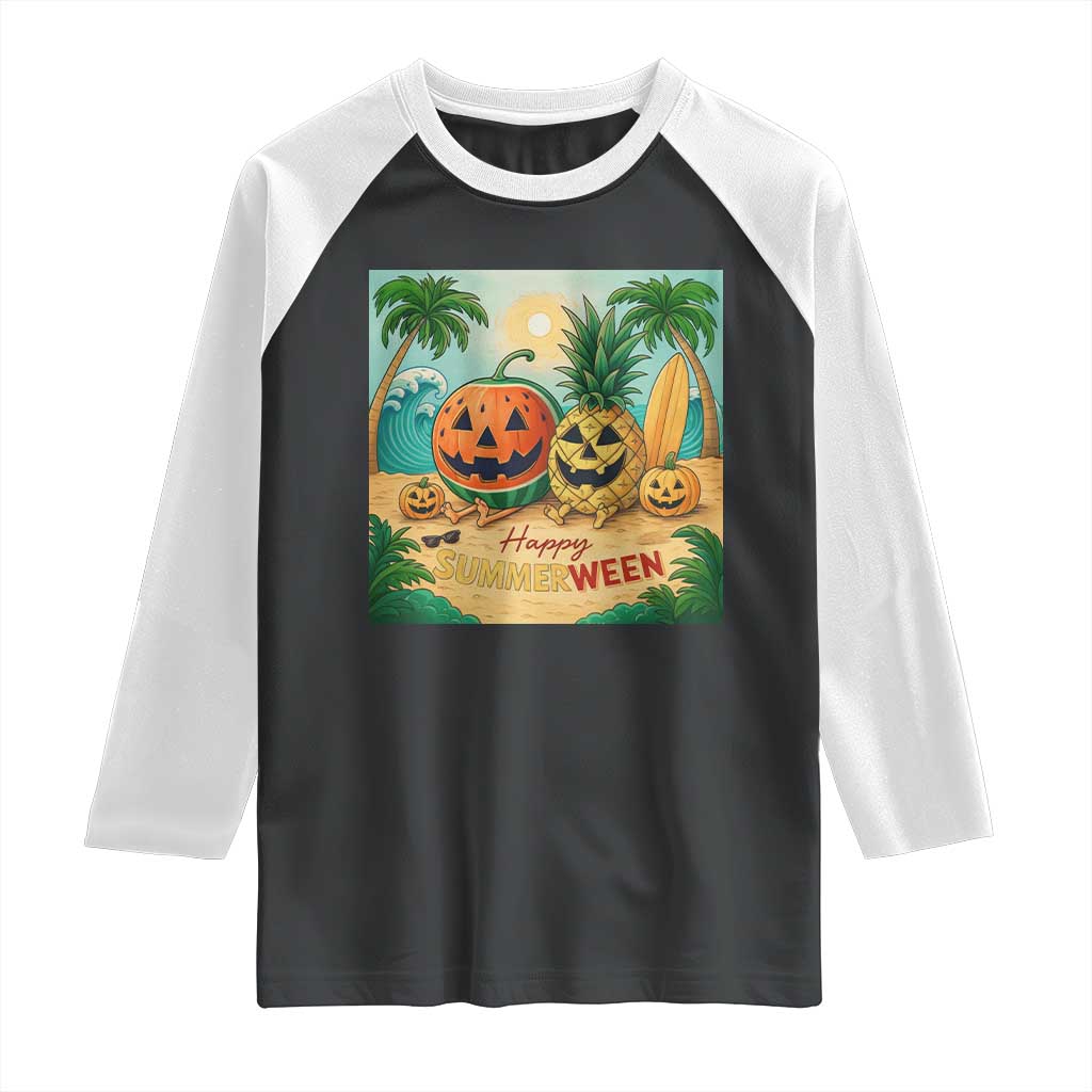 Retro Tropical Summerween Raglan Shirt Halloween Summer Beach Cocktail Boo TS02 Black White Print Your Wear