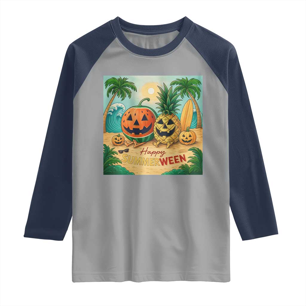 Retro Tropical Summerween Raglan Shirt Halloween Summer Beach Cocktail Boo TS02 Sport Gray Navy Print Your Wear