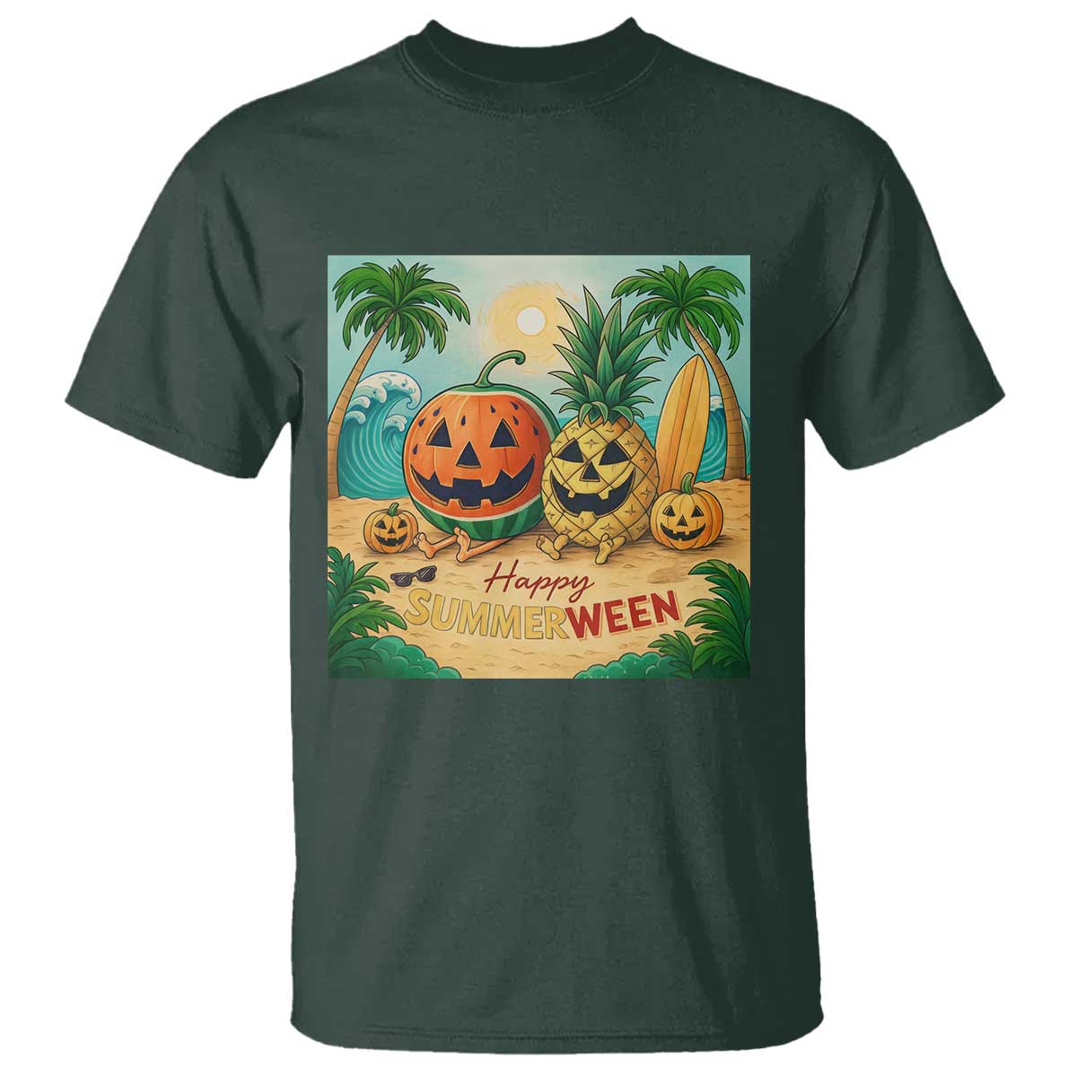 Retro Tropical Summerween T Shirt Halloween Summer Beach Cocktail Boo TS02 Dark Forest Green Print Your Wear