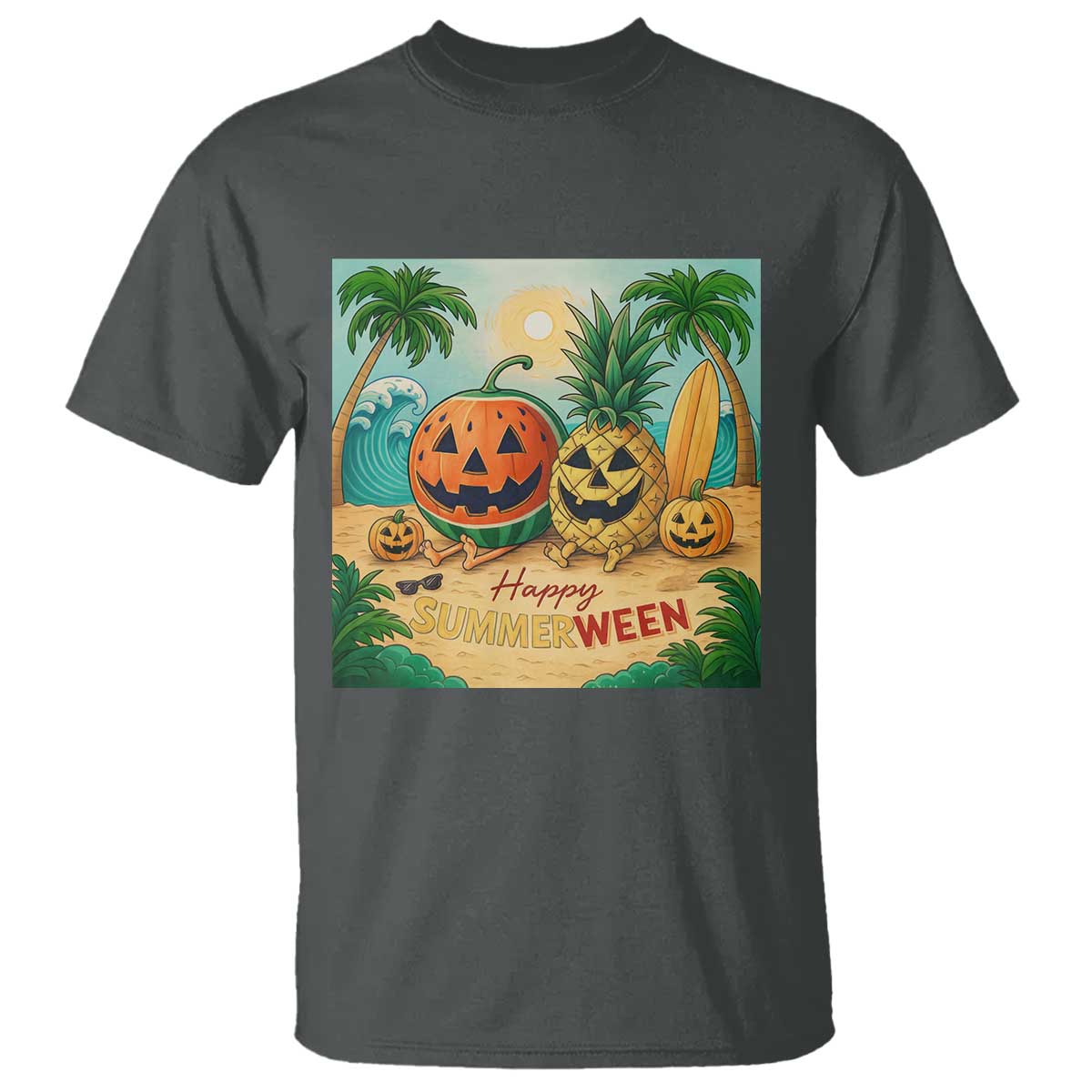 Retro Tropical Summerween T Shirt Halloween Summer Beach Cocktail Boo TS02 Dark Heather Print Your Wear