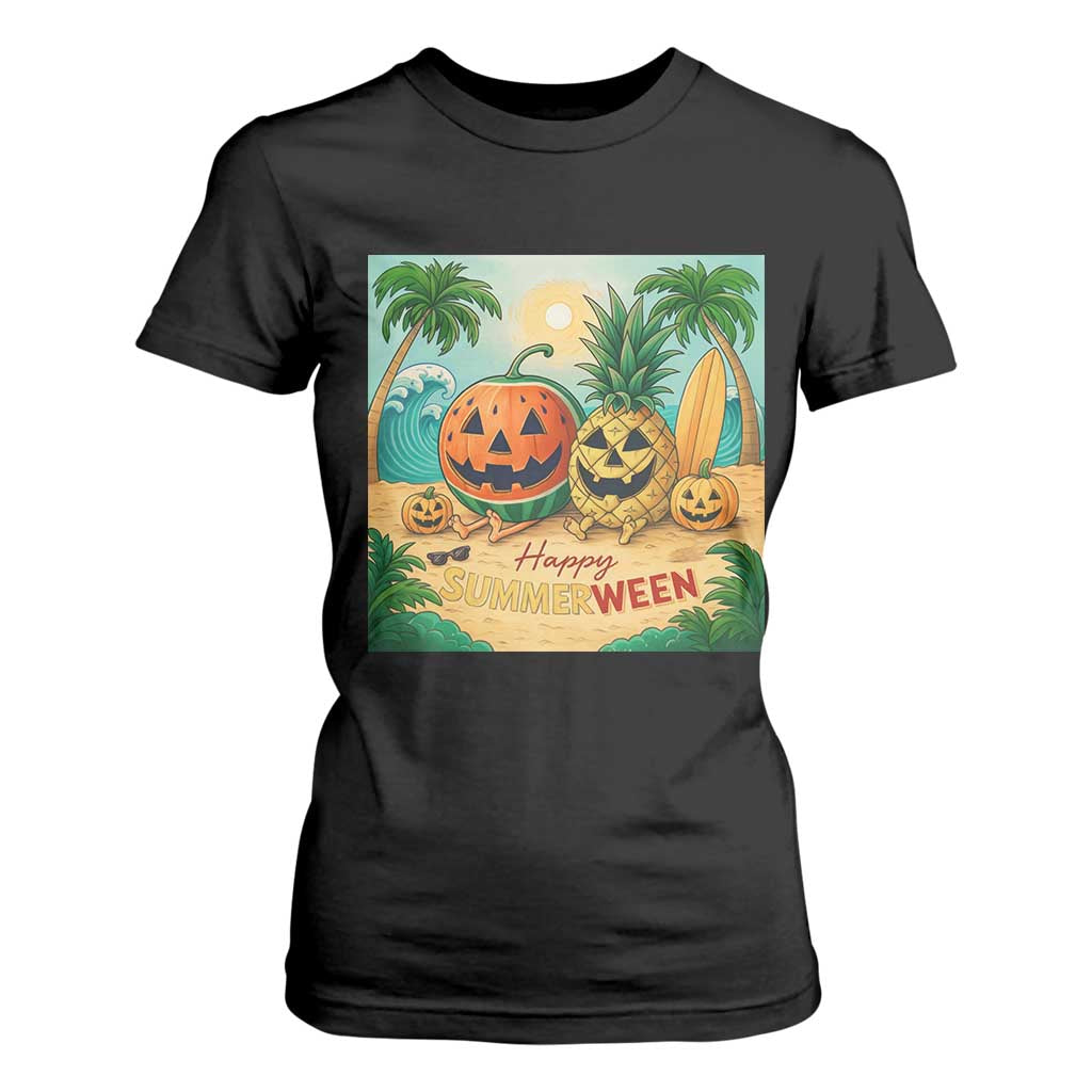 Retro Tropical Summerween T Shirt For Women Halloween Summer Beach Cocktail Boo TS02 Black Print Your Wear