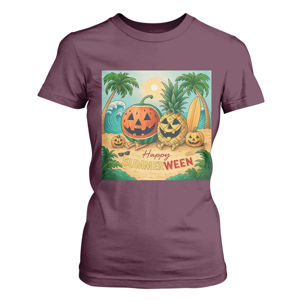Retro Tropical Summerween T Shirt For Women Halloween Summer Beach Cocktail Boo TS02 Maroon Print Your Wear