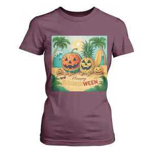 Retro Tropical Summerween T Shirt For Women Halloween Summer Beach Cocktail Boo TS02 Maroon Print Your Wear