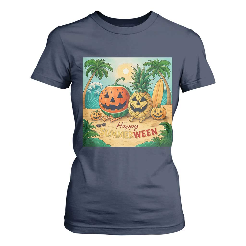 Retro Tropical Summerween T Shirt For Women Halloween Summer Beach Cocktail Boo TS02 Navy Print Your Wear