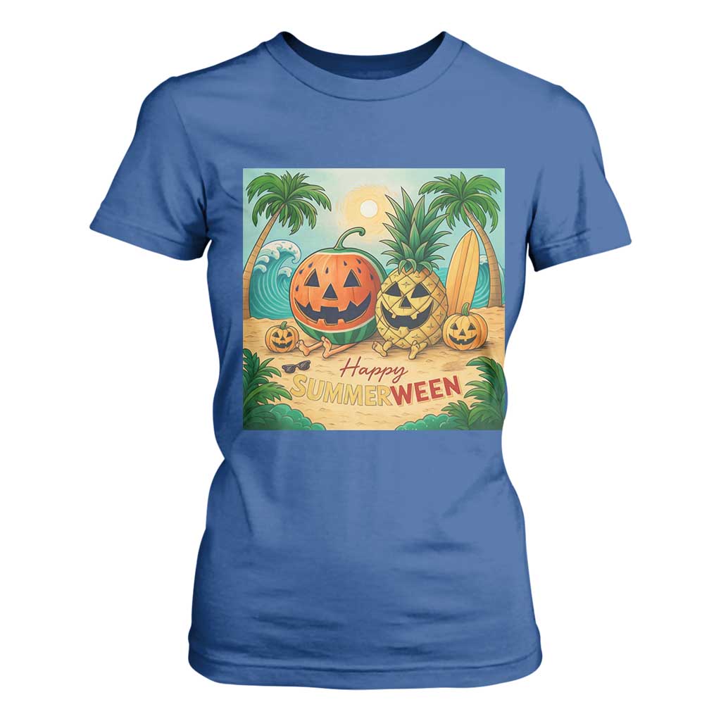 Retro Tropical Summerween T Shirt For Women Halloween Summer Beach Cocktail Boo TS02 Royal Blue Print Your Wear
