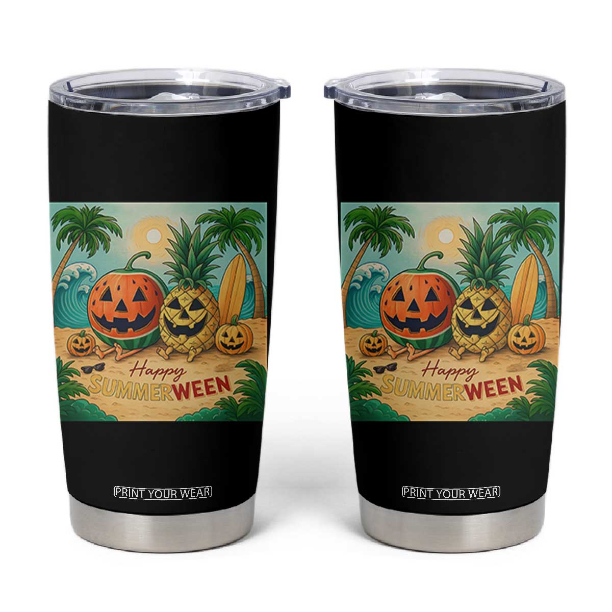 Retro Tropical Summerween Tumbler Cup Halloween Summer Beach Cocktail Boo TS02 Black Print Your Wear