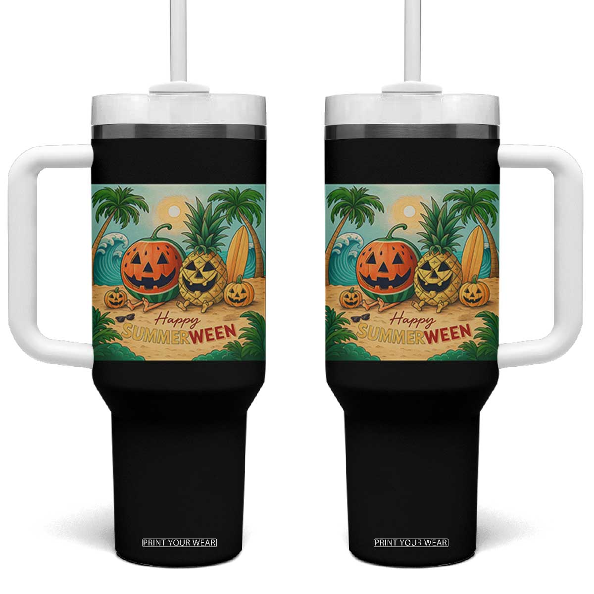 Retro Tropical Summerween Tumbler With Handle Halloween Summer Beach Cocktail Boo TS02 One Size: 40 oz Black Print Your Wear