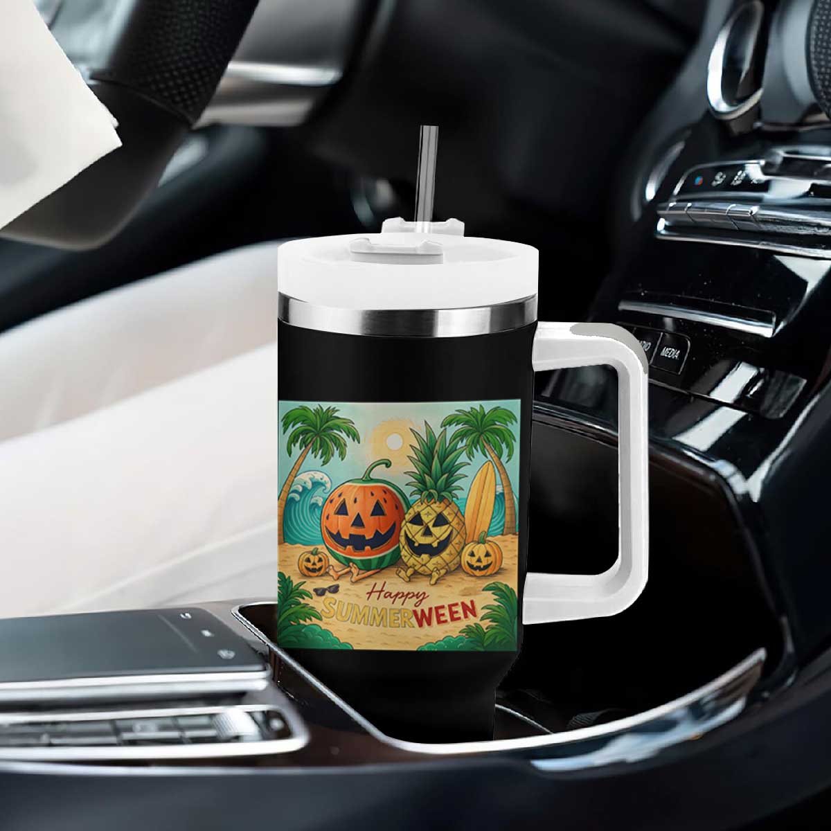 Retro Tropical Summerween Tumbler With Handle Halloween Summer Beach Cocktail Boo TS02 Print Your Wear