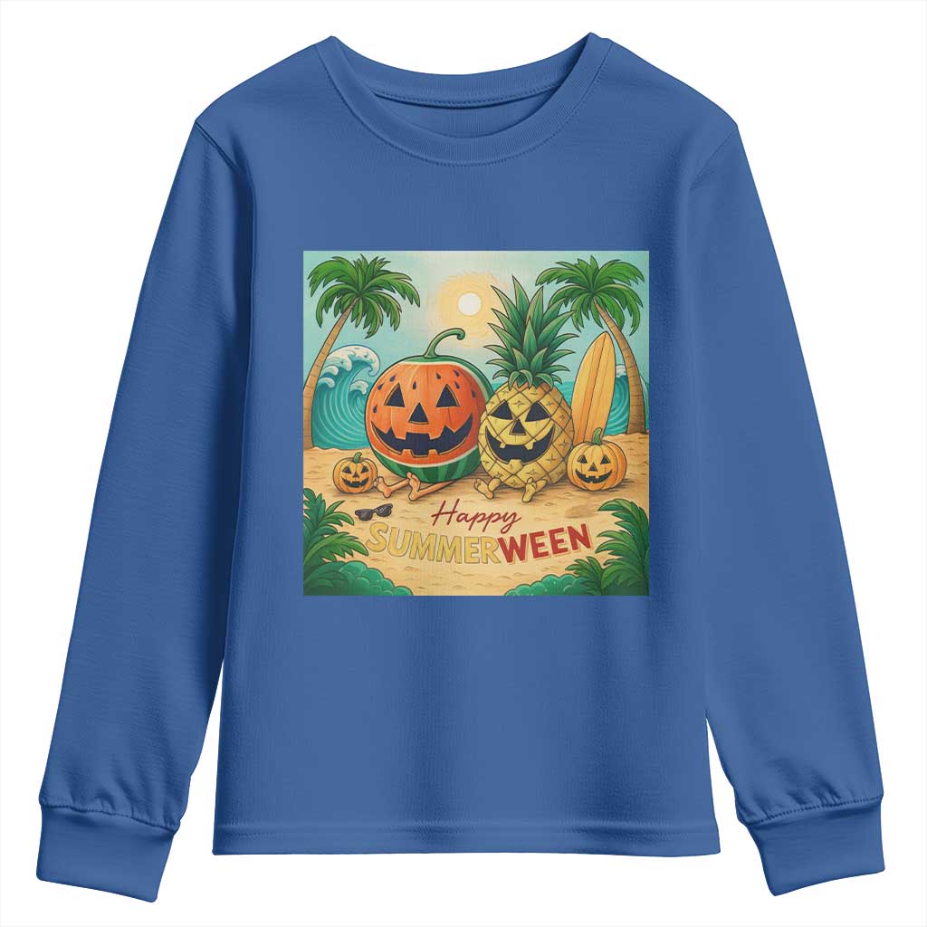 Retro Tropical Summerween Youth Sweatshirt Halloween Summer Beach Cocktail Boo TS02 Royal Blue Print Your Wear