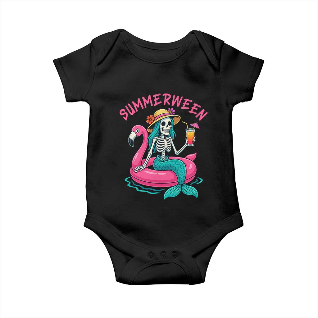 Summerween Skeleton Mermaid Baby Onesie Flamingo Float Funny Spooky Summer Halloween Vibes TS02 Black Print Your Wear