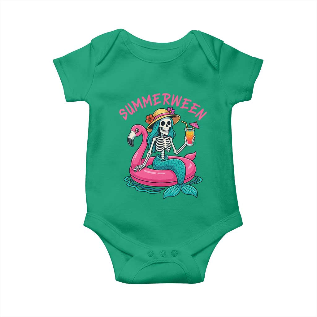 Summerween Skeleton Mermaid Baby Onesie Flamingo Float Funny Spooky Summer Halloween Vibes TS02 Irish Green Print Your Wear
