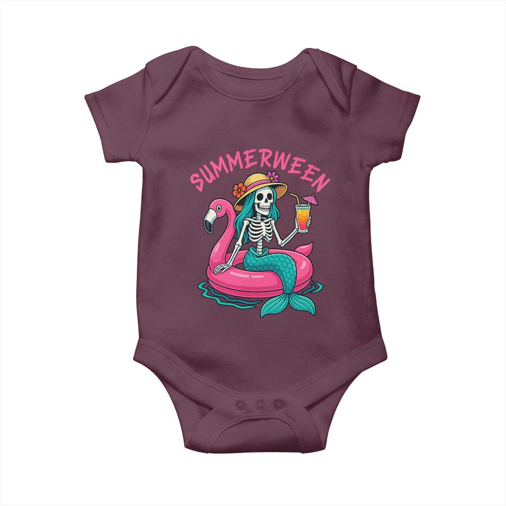 Summerween Skeleton Mermaid Baby Onesie Flamingo Float Funny Spooky Summer Halloween Vibes TS02 Maroon Print Your Wear