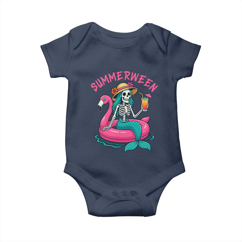 Summerween Skeleton Mermaid Baby Onesie Flamingo Float Funny Spooky Summer Halloween Vibes TS02 Navy Print Your Wear