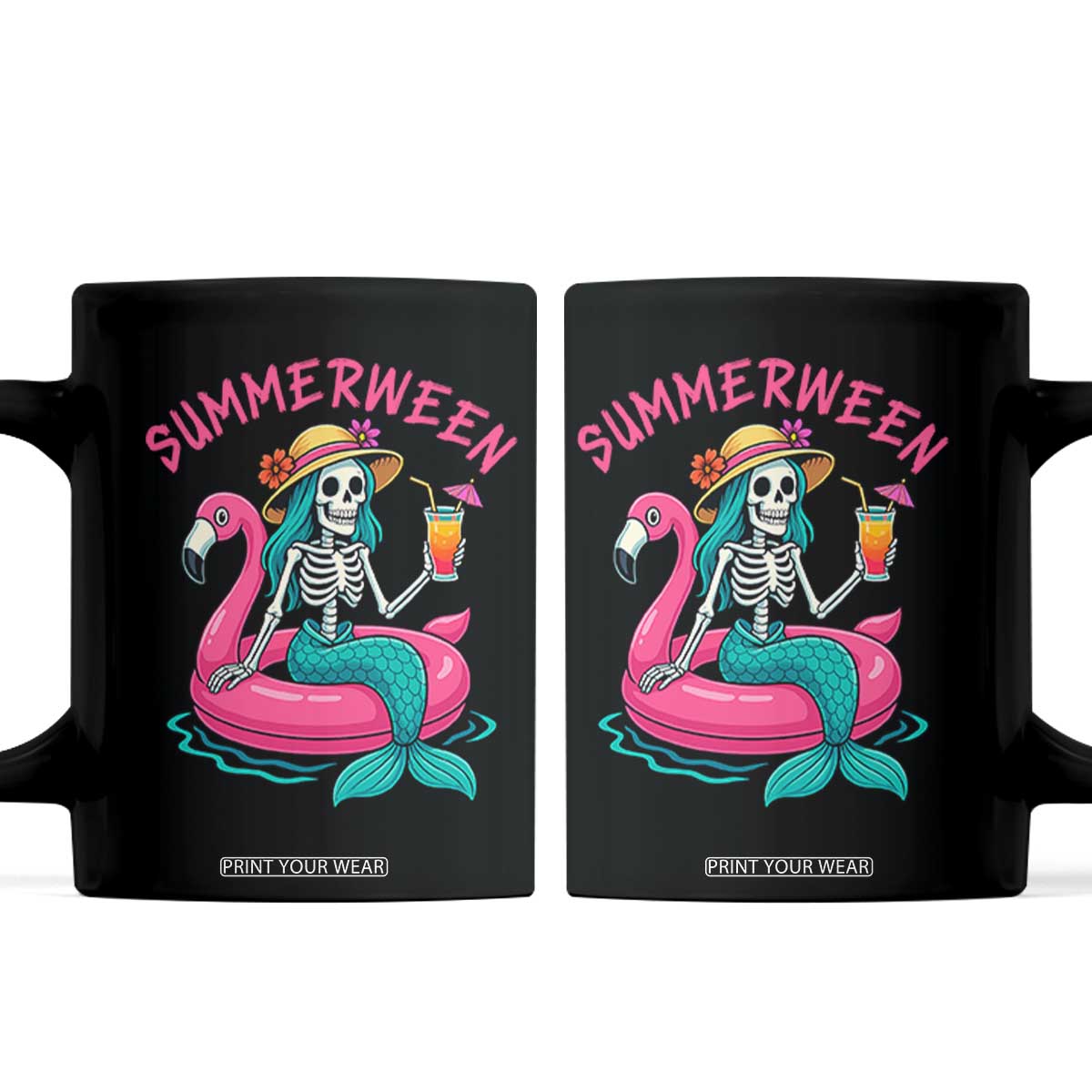 Summerween Skeleton Mermaid Coffee Mug Flamingo Float Funny Spooky Summer Halloween Vibes TS02 Black Print Your Wear