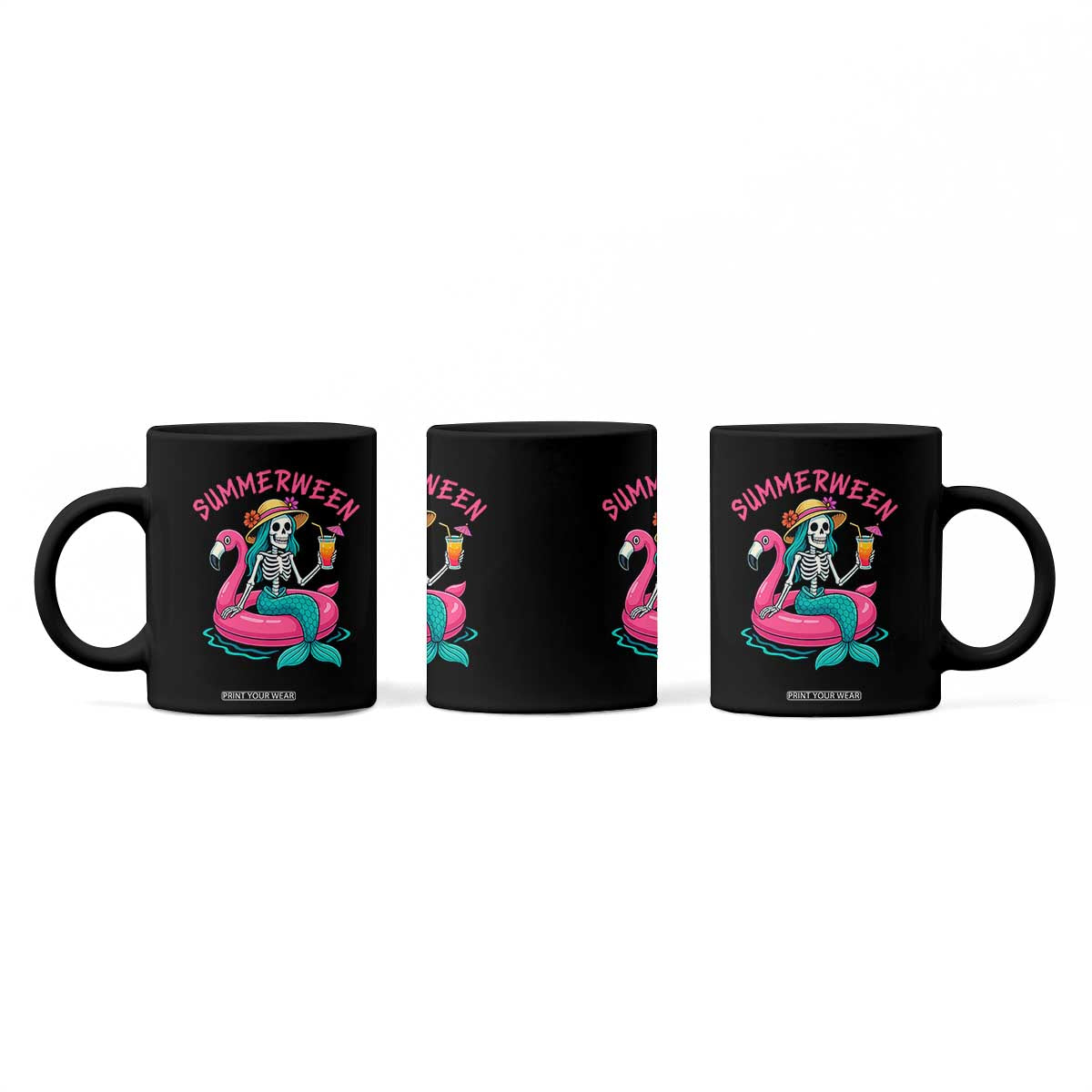 Summerween Skeleton Mermaid Coffee Mug Flamingo Float Funny Spooky Summer Halloween Vibes TS02 Print Your Wear