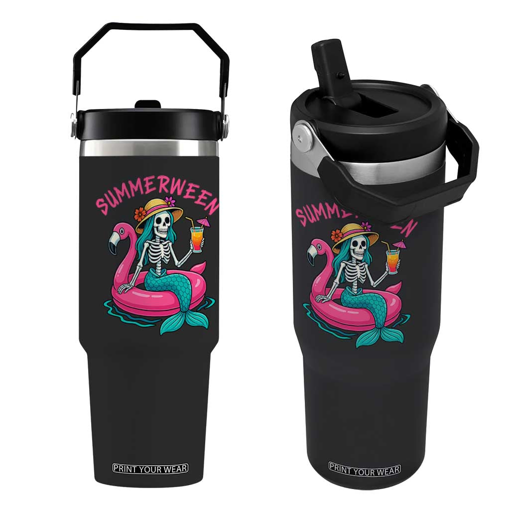 Summerween Skeleton Mermaid Flip Straw Tumbler Flamingo Float Funny Spooky Summer Halloween Vibes TS02 One Size: 30 oz Black Print Your Wear